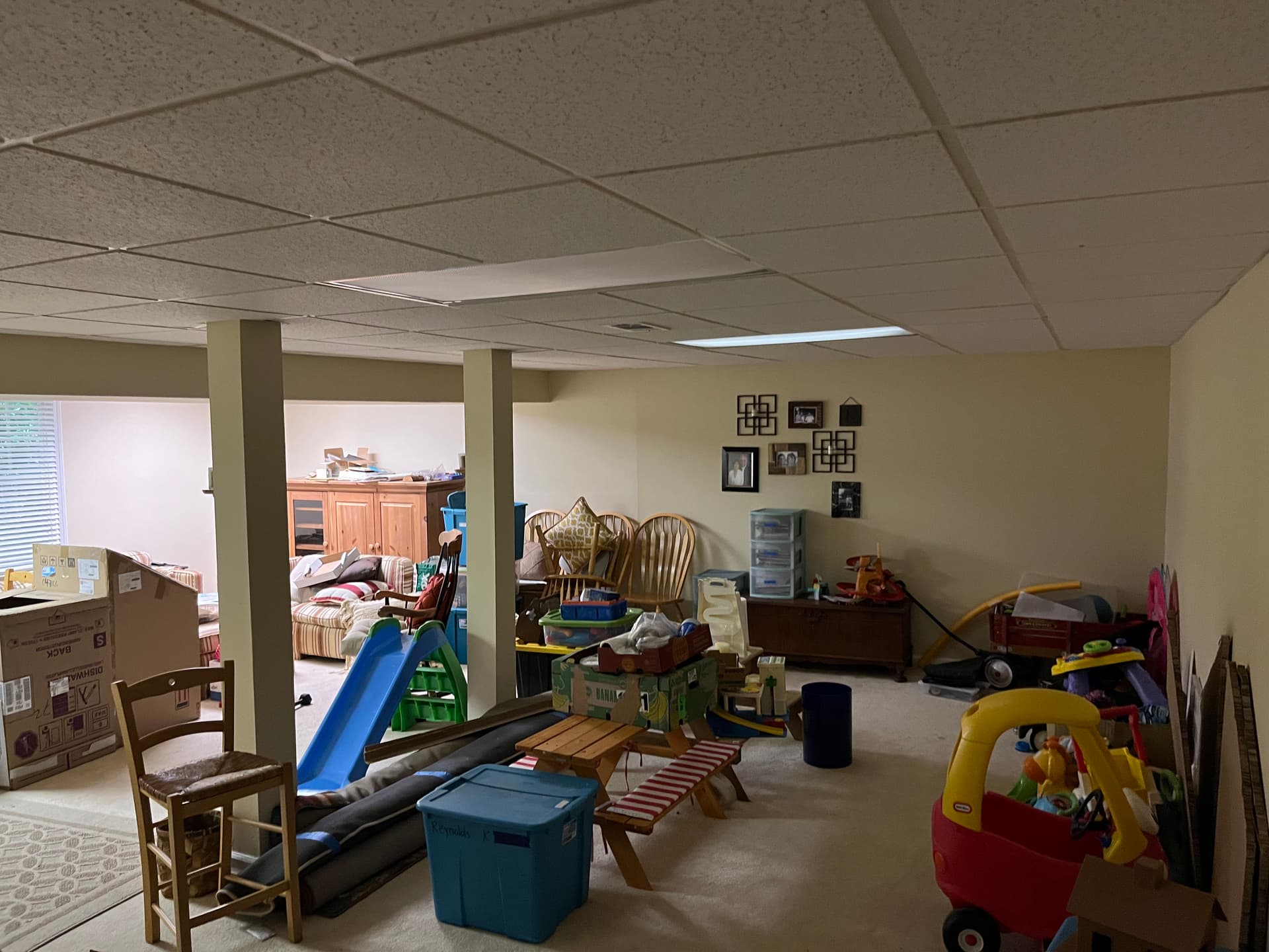 Dead Fluorescent Fixtures Replaced in a Finished Basement Playroom